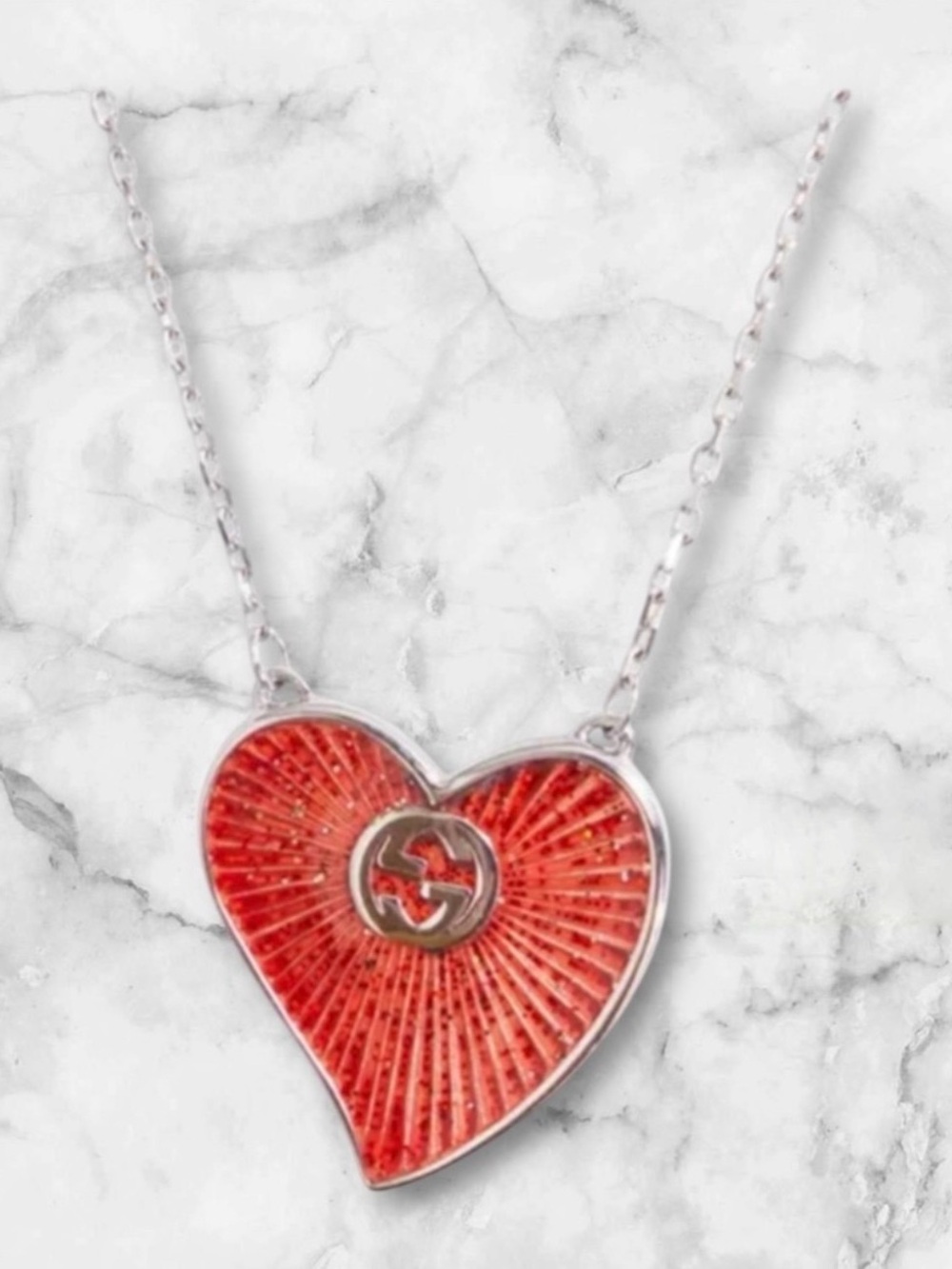 New Necklace Gucci Heart Pendant Women 925 Sterling Silver Red GG Enamel 16.5mm